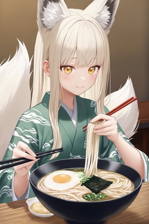 Hyperrealistic painting of a steaming bowl of tsukimi udon. Thick, chewy noodles in clear dashi broth. A perfectly poached egg floats on top, its yolk gleaming golden. Finely chopped green onions and a sheet of nori garnish the dish. Sitting at a low wooden table, a young girl with fox ears enjoys the udon. Her ears are orange with white tips, matching her long, fluffy tail. She wears a traditional yukata with a fox pattern. Her chopsticks are poised to pick up noodles.