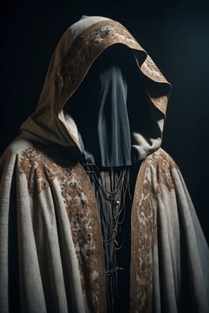 An elderly mannequins dressed in a weathered cloak adorned with traditional Slavic embroidery,((face hidden in the shadows:1.8)),
 His face is mostly obscured by the folds of the robe, but his long beard peeks out from beneath,Despite his advanced age, there's a sense of mystery and wisdom emanating from him, hinting at a lifetime of experiences and stories hidden within.,Hollow,
black wire mannequins