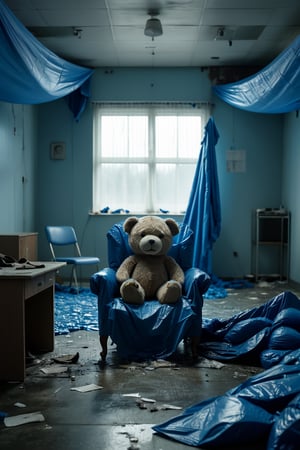 Empty room, entirely covered in blue tarpaulin, clinical atmosphere, single chair in center. Broken teddy bear t, stuffing spilling out.  cinematic framing