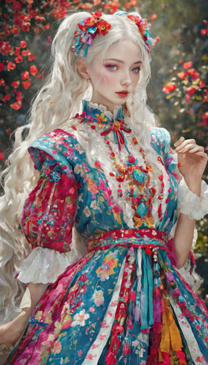 Albino Nordic girl,Pure white long Pigtail hair,
Picture a mesmerizing fusion where the rich heritage of Hmong ethnic attire, intertwines with the enchanting world of Lolita fashion, The garment, a visual symphony, showcases vibrant cross-stitch patterns reminiscent of Hmong craftsmanship, meticulously stitched in an array of colors, dress flows gracefully, embracing the whimsical elegance of Lolita fashion with lace, bows, and layers, creating a harmonious dance of tradition and modernity. Each detail, a brushstroke in this vibrant canvas, tells a story of cultural richness and sartorial fantasy, offering a feast for the eyes that captivates and transcends genres,Flower queen