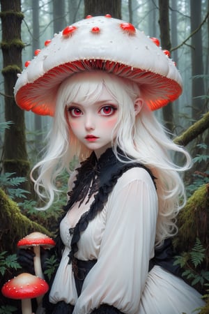 serene forest scene where a delicate albino mushroom girl,
mushroom Head,
Beautiful red eyes, soft expression, (heavy black eyeshadow:1.2), Depth and Dimension in the Pupils,
stands amidst the tranquility, Adorned with soft, pale-colored petals resembling mushroom caps and delicate mycelium cascading from her hair, she exudes ethereal beauty,Her eyes  pale red, convey mystery and wonder as she moves gracefully through the enchanted landscape. Surrounded by vibrant colors and playful woodland creatures, she embodies the magic and wonder of nature's hidden treasures.",Christmas Fantasy World,enakorin,mushroomz