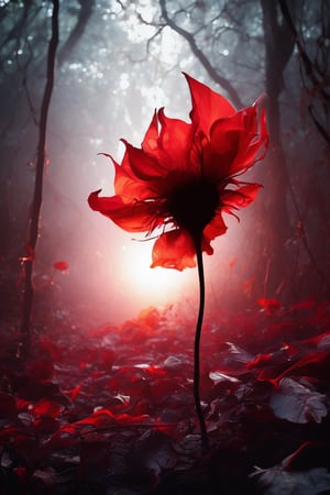 In the depths of darkness, a eerie red flower blooms, its petals glowing with an otherworldly light. Its twisted and jagged petals seem to dance with an unseen wind, casting an ominous glow that illuminates the shadows around it. This mysterious flower, found in the heart of a forbidding forest, is both captivating and unsettling to behold. It exudes an aura of enchantment and danger, as if holding secrets of ancient magic within its crimson petals.,shards