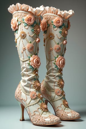 elegant Victorian-style high heel boots adorned with intricate decorations in soft pastel colors. The boots feature handcrafted pale pink silk roses cascading from the top to ankle, complemented by mint green lace embroidery throughout. Delicate pearl strands and beaded embellishments create graceful swirling patterns across the surface. The boots rise to mid-calf height with ruffled silk trim at the top edge, decorated with vintage-style lace and more miniature roses. The heels are adorned with pearl chains and metallic gold filigree work. The base fabric is ivory silk with subtle shimmer, overlaid with intricate embroidery patterns in mint green and rose gold threads. Each rose is perfectly crafted with layers of silk petals in soft peach tones. Crystal beads and tiny pearls are sewn throughout the design, catching light at every angle,Made of adrr-zllj