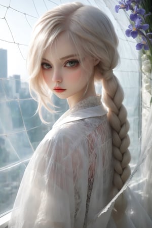 1 girl, albino girl,12 years old,(Pure white long braided pigtails),braided hair, Beautiful iris with high precision,gentle re eyes,sexy mesh fishnet blouse,Girl in transparent raincoat,Luxury Room Backdrops ,dal,loukong1,gigantic_breasts,close up
