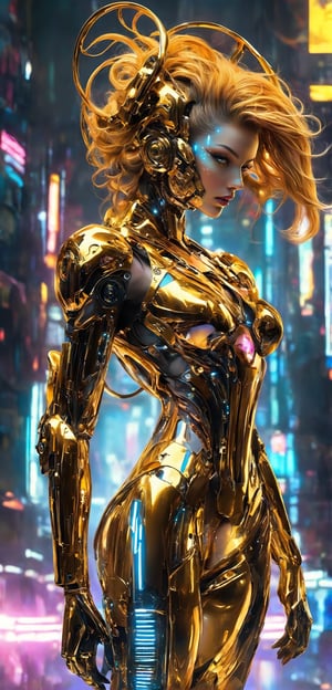  cyborg diva,1girl,
 entirely covered in gold chrome body, gleams with a metallic sheen,
glamorous body, reflecting light with every movement. She wears excessively flamboyant cyber fashion, including high-tech bodysuits adorned with neon lights, holographic patterns, and intricate circuitry designs. Her accessories are bold and extravagant, featuring oversized, glowing headgear and futuristic, gold-plated boots. This striking combination of golden chrome and over-the-top cyber fashion creates an awe-inspiring and mesmerizing presence,FuturEvoLab-lora-mecha