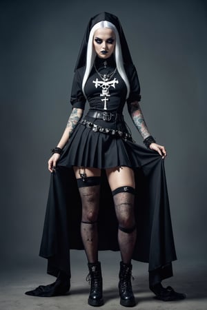 nun girl,with a punk rock style, blending tradition with rebellion, She wears a traditional black nuns costume, fishnet stockings, and combat boots, Her accessories include a rosary with skull charms and tattoos featuring punk-inspired designs,ch0wb13nun,LegendDarkFantasy