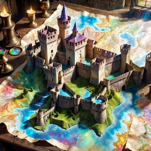 Magic Parchment,Top view of holographic magic map (3-D), Fénis Castle, Italy, three-dimensional depiction, emerging from a magic map, majestic fortifications, towering ramparts, double battlements, towers, intricate architecture, courtyard in the center of the keep, enchanting views of the Italian countryside, the map is lifted from paper It appears to float and sit on a wizard's desk. magic multicolor ink, high quality, imagination, 8K, fantasy art, vivid magical colors, style painting magic, map, itacstl