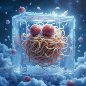 Flying Spaghetti Monster suspended in a giant cube of crystal-clear ice. Tangled mass of al dente spaghetti noodles forming its body, frozen mid-undulation. Two large meatballs for eyes, comically crossed and bulging against the ice. Numerous noodly appendages reaching out in all directions, some pressing against the ice's surface. Tomato sauce swirls frozen in time, creating abstract patterns within the ice. Parmesan cheese flakes suspended throughout like snow. Floating colander halo above its head, partially obscured by frosty patterns on the ice. Tiny air bubbles trapped in the ice, some forming pasta-shape bubbles. Ethereal glow emanating from the center of the spaghetti mass. Surrounding the ice cube, a cosmic background with distant galaxies and nebulae. Hyper-detailed textures of pasta, sauce, and ice formations. 8K resolution, surrealist art style blending photorealistic elements with cartoonish exaggeration. Dynamic composition showcasing the absurdity and grandeur of the scene.,Frozen,concept_art