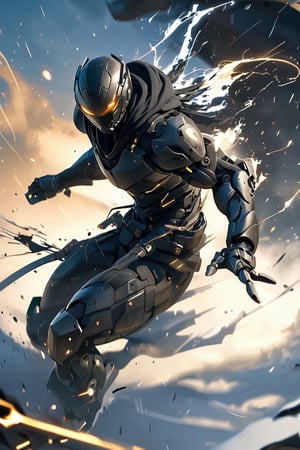 Robot ninja, military grade cyborg suit, jet-black streamlined body, hooded parka,extremely elaborate, precise flat, glowing katana, swiftly wielded sword slicing through enemies at lightning speed, sharp blade glinting in the sunlight at the moment, ,kabuki,glowing sword,cyborg,Ninja,ink,action shot,Hollow