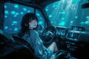 A young woman with dark hair and bangs sitting in the driver's seat, turning back with a warm smile, wearing a casual gray top, natural makeup with soft pink lips, illuminated by ethereal blue underwater lighting, car interior visible with dashboard showing instruments, steering wheel and modern console details, outside the windows is a mesmerizing deep ocean scene, multiple bioluminescent jellyfish floating gracefully past the windows casting gentle blue-green glow, streams of sunlight penetrating the water creating light rays through the windshield, small fish schools shimmer past occasionally, bubbles rising slowly in the background, deeper ocean darkness visible in the distance, car windows creating aquarium-like frame for the underwater scene, gentle caustic light patterns playing across the woman's fa,dal,UnderwaterElegance