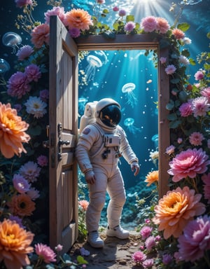 A surreal doorway scene framed by vibrant multicolored flowers, showing an astronaut standing in a wooden doorframe that creates a portal between two worlds, the door side surrounded by densely packed colorful flowers - marigolds, daisies, and wildflowers in bright oranges, pinks, purples, and yellows, while through the doorway reveals a deep underwater scene with rich azure blues, floating jellyfish with bioluminescent glow, schools of silvery fish catching light, gentle streams of bubbles rising upward, rays of sunlight penetrating the water's surface creating light shafts, astronaut in detailed white spacesuit with reflective visor positioned in the threshold, wooden door frame appearing to impossibly stand in both realms, marine plants gently swaying in the current beyond the door, flower petals occasionally floating past the astronaut, dramatic lighting contrast between the warm flower colors and cool ocean blues, professional photography style with sharp focus on astronaut and door frame, ultra high-resolution showing detailed textures of flowers, spacesuit, and underwater effects,pink_flower_meadow