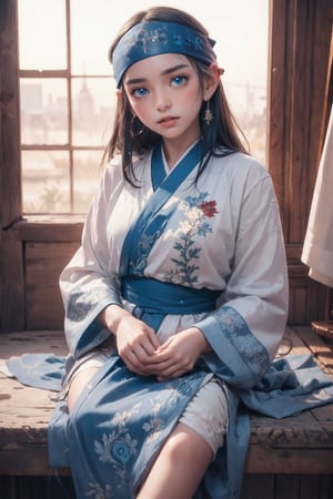 ,beautiful little girl,12 years old, wearing old traditional Ainu clothing,Russian and Japanese half girl, Shabby threadbare worn-out clothes,beautiful crystal blue eyes,Clothing that has deteriorated over time  Detailedface, Detailedeyes, 
The outfit consists of a robe-like garment  intricately woven fabric, adorned with intricate geometric patterns,wears a 'headband with decorative embroidery,clothing is rich in earthy tones like browns, reds, and greens, 
1 girl,asirpa,ASU1