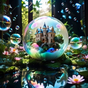 Lots of soap bubbles,A beautiful and delicate mansion trapped in a floating glass ball, several floating in a mysterious and magical space.,bubbleGL,dreamgirl