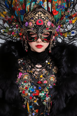 Highly detailed portrait of a woman wearing an extravagant, gothic-inspired headdress and jewelry,(blindfolded:1.2),
The headdress resembles a cathedral, with intricate stained glass windows depicting religious scenes,Elaborate metalwork frames the windows, with dangling chains and tassels. The headdress extends outwards like wings, adorned with more metalwork and jewels. A mask covers the upper half of the face and eyes, made of ornate gold filigree and studded with gemstones, leaving only the lips visible. Around the neck is a thick collar of black feathers. An ornate chest piece covers the upper body, featuring religious iconography, gemstones, and intricate beadwork,Multiple necklaces with crosses and pendants hang below. The overall style is a mix of gothic, religious, and steampunk aesthetics. Hyperrealistic, studio lighting, 8K resolution.,blindfolded flower,Made of adrr-zllj,dal,Adrr-tsfft