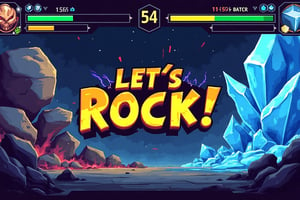 Pixel art style fighting game screen layout, 16:9 aspect ratio and epic elemental combat scenes. Left: Huge rock, Right: Huge translucent ice, Center screen: Large aggressive yellow letters saying "LET'S ROCK!" in an angular font style with a thick black outline around the letters and dynamic lightning effects. HUD elements: Green health bar on the top screen, yellow super meter bar, timer showing "54" in the center.,fighting game UI PC VERSION "VS" fight