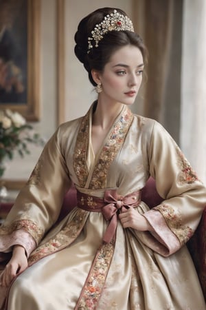 French noblewoman,(French),adorned in opulent attire blending Chinese and medieval European styles,Envision her wearing a luxurious silk robe, traditional Chinese patterns, layered over a lavish gown featuring rich fabrics and elaborate draping characteristic of medieval European fashion,elegantly styled hair, adorned with ornate hairpins and delicate silk ribbons,Hanbok