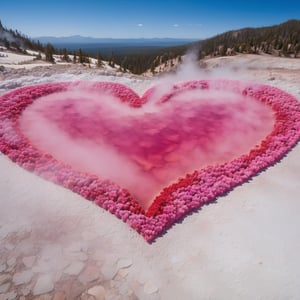 Picture a Yellowstone National Park geyser surrounded by a vibrant sea of blooming ❤ ❤ ❤,Geysers spewing out large numbers of hearts  ❤ ❤ ❤,Geyser in the shape of a heart symbol, their petals carpeting the ground in every shade of red, pink, and white imaginable. Amidst this floral paradise, the geyser's steam rises like a veil, casting a soft, ethereal glow over the scene. The scent of roses fills the air,grandpr1smat1c,Flora,ap0l0veh3art5 style