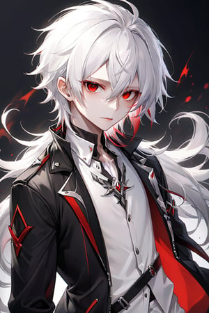  VTuber character,1 boy,solo, who is a strikingly beautiful young boy with white hair and red eyes. His hair is silky and perfectly styled, falling gently around his face and contrasting sharply with his vibrant red eyes, that seem to glow with an intense, His skin is porcelain smooth, and his features are delicate yet striking, giving him an almost ethereal appearance, He is dressed in a stylish modern outfit, with elements of both fantasy and street fashion,a sleek black jacket with silver accents, a white shirt, and slim-fitting pants. ,niji5