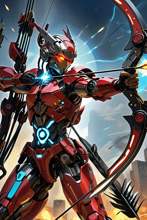 Anime style,
The cyborg warrior, fully mechanized from head to toe, stands poised with a bow in hand, drawing a huge bow,Every inch of their body gleams with metallic plating, while cybernetic enhancements enhance their strength and precision. Their eyes, glowing with a fierce determination, lock onto the target ahead as they prepare to unleash a deadly barrage of arrows. With unmatched accuracy and power, they embody the fusion of man and machine on the battlefield.,Magic_Archer,cyborg,Red mecha