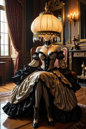 An elegant figure with a decorative table lamp as her head, wearing an extravagant rococo-style dress, ornate fabric in striped black and ivory pattern with elaborate ruching and pleating, dress featuring asymmetrical design with dramatic bustle and layered ruffles, detailed black lace trim and pearl embellishments throughout, lamp shade head designed with vintage pleated fabric in cream and gold tones, delicate crystal beads and tassels hanging from the shade's edge, warm light glowing from within the shade creating ethereal ambient effect, striped stockings with intricate lace pattern, ornate Victorian boots with detailed embroidery and pearl buttons, posed in a graceful sitting position on an antique baroque chair, setting in a luxurious rococo-style room with ornate wallpaper and gilded mirrors, hardwood flooring with detailed parquet pattern, vintage furniture and decorative elements visible in background, professional interior photography lighting with warm ambient glow, ultra high-resolution showing intricate fabric textures and antique finishes, cinematic color grading emphasizing vintage aesthetic,1girl,faceless mannequin