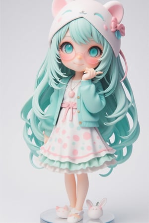 Cute anime-style chibi figurine of a girl with long, flowing turquoise hair. Large expressive blue eyes behind pink round glasses. Wearing a white polka-dot dress with pink and blue dots, pink trim, and a teal underskirt. Teal cardigan sweater. White and pink animal-shaped sleep mask on her head with closed eyes, small bone decoration, and blue bow. Pink bow in her hair. Pink cherry-shaped pendant necklace. White bunny-shaped slippers. Posing with one hand raised near her face. Cheerful expression. Highly detailed plastic figurine on a clear stand. Soft, pastel color palette. Professional product photography lighting and setup.,lyh,dal,create figure 2