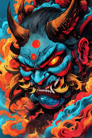 a nightmarish appearance of the evil ((mask) ), Japanese Oni culture , portrait view, highly detailed, 8k, Hyperrealistic, splash art, concept art, mid shot, intricately detailed, color depth, dramatic, 2/3 face angle, side light, colorful background,LegendDarkFantasy,oni style