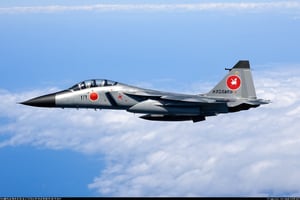 military air Fighter, no humans, F15, JASDF, light grey paint, helmet, flying, realistic, aircraft, military vehicle, plane, vehicle focus, jet, fighter, in sky,photo_b00ster,Mitsubishi T2,EpicSky