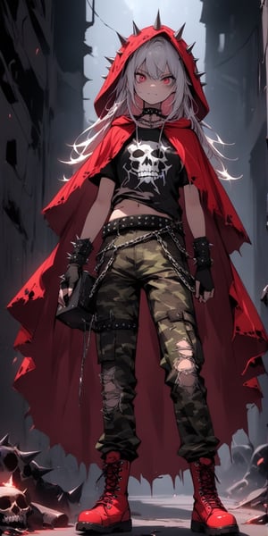 Extreme Detail,best quality,1 girl,little red riding hood,18yo,Cute face,
 death metal artist costume, camouflage pants, black tattered cape decorated with studs and spikes, black band t-shirt, combat boots, studded belt with chain, sharp guitar in hand.