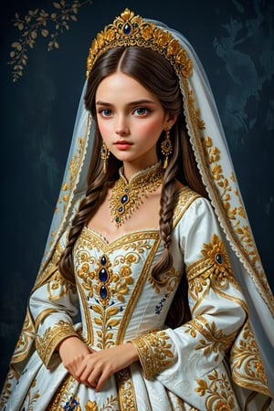 beautiful slavic woman,Visualize an exquisite Valencian ethnic costume inspired by the 18th century Europe,The gown features a lavish display of gold embroidery, intricately weaving floral motifs and delicate patterns across the fabric. The luxurious dress, reminiscent of noblewomen's bridal attire, emanates opulence with its finely crafted details, ,mad-marbled-paper,lis4,cutegirlmix,Anime Style