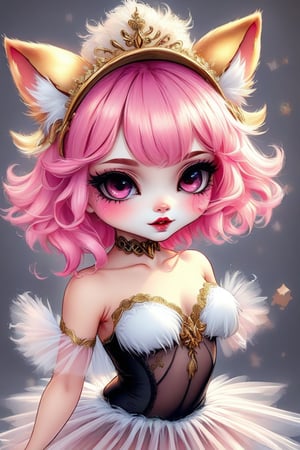 cute pop kawaii art,Furry Girl,
Pink hair, small gothic style hat, fox ears, fox muzzle, golden pupils with vertical slits, white tutu with luxurious golden embroidery, ballet dancer,cuntian