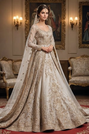 Breathtakingly beautiful  European women, the bridal gowns of the European women are a stunning fusion of Pakistani bridal attire and the opulent elegance of early modern European aristocracy, with vibrant colors and intricate embroidery blending into the sumptuous fabrics and structured silhouettes of European nobility.

Her alabaster skin contrasts with the rich hues of her attire, enhancing her ethereal presence. As she moves, the fabric of her dress flows like liquid silk, hinting at the supple grace that lies beneath.,dongtan dress,Ba11g0wn , b4b1