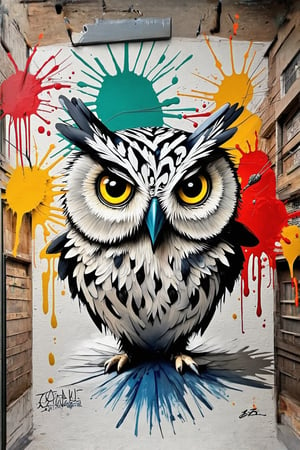 The urban canvas features a lively, life-like owl inspired by street art, depicted in a dynamic and lively pose that gives the impression of: With vitality and movement, people create visually appealing compositions, appealing and urbane artwork. painted world, colorful splash, amazing quality, art station, ink, color splash