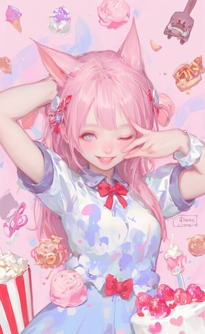 Vibrant colorful anime-style illustration,  cheerful cat girl, long pink hair and cat ears,She's winking and sticking out her tongue playfully. Wearing a light blue and white outfit with red bow tie,strawberry cake, ice cream cones, and musical notes. Background filled with pastel pink and purple colors. Kawaii style, highly detailed, digital art. Food items floating around: popcorn, fries, hamburger. Playful and energetic atmosphere. Chibi style elements. Sharp, crisp lines. Bright, saturated colors. 2D art style.,dal style,animaport