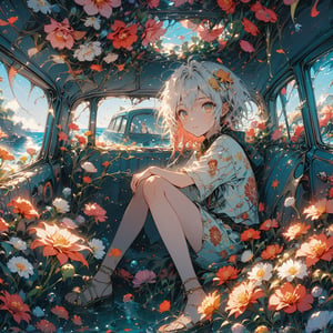 Simple minimum art, myths of another world,
pagan style graffiti art, aesthetic,
1boy, interior of an old car, many beautiful blooming flowers, the car covered with plant vines, the interior of the car, a boy sitting in the car, the car is sunk at the bottom of the sea, beautiful flowers and coral reefs, many jellyfish surround the boy, flower car, in car,anime,underwater,emo,dal-1,Deformed
