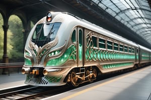 An elven-crafted locomotive, predominantly constructed with transparent glass, adorned with intricate Celtic designs. The sleek, ethereal glass engine is embellished with interwoven knotwork patterns, reminiscent of Celtic artistry. The train cars follow suit, featuring large, transparent windows that allow passengers to enjoy panoramic views,This elven-engineered locomotive seamlessly blends the elegance of elven craftsmanship with the mesmerizing beauty of Celtic design, creating a unique and enchanting mode of transportation ,DonM3lv3sXL,Clear Glass Skin,Magical Fantasy style,Train