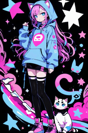 vtuber,1girl, cute anime characters,Beautiful blue eyes,asymmetric bangs,candy punk Fashion,Hooded hoodie shaped like a cute kitten,cat ear hood,Pastel colored clothes based on blue and pink,Pastel Emo Fashion, Anime Print Shirt,Gothic Style tights, long military boots, score_7_up,dal-6 style,pink-emo,emo, art nouveau,vspop,flat style,hand drawn