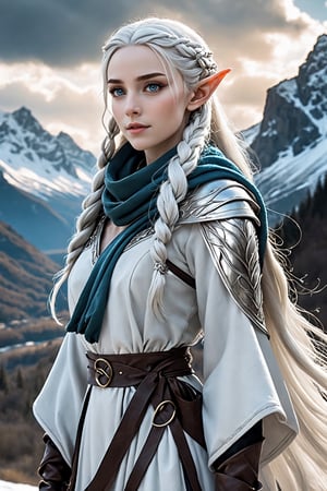 Extreme detailed,ultra Realistic,
beautiful young ELF lady,platinum silver shining hair, long elvish braid, side braid, blue-grey eyes,elf ears,
Wearing leather tunic, hooded cloak, animal fur hood, intricate clothing, animal fur clothing, dark clothing, waistband, scarf, soft smile, bending posture, looking into the distance, 
snowy mountain scenery, overlooking valley, river, white clouds, seen from behind,ol1v1adunne,Eyes,dal,MiseryDG