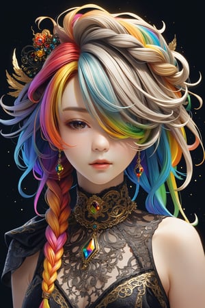 ultra Realistic,1 Girl,((hair over eyes:1.8)), with crazy alternate hairstyle, amazingly intricately hair,((colorful 7color hair)), each braid painstakingly created,decorated with delicate accessories and beads, hair dark gold and black in color,aesthetic,Rainbow haired girl ,elegg