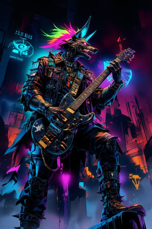 1man,Stylized illustration of Anubis as modern punk rocker. Jackal head with neon-colored mohawk. Leather jacket covered in studs and Egyptian hieroglyph patches. Torn black jeans, combat boots with ankh buckles. Spiked collar, multiple earrings. Electric guitar with scarab design. Pose: dynamic stage stance, mid-guitar strum. Color scheme: black base with neon accents (blue, green, pink). Smoky background with silhouette of modern city skyline and ancient pyramids. Glowing hieroglyphs floating around. Style: bold anime/comic art with sharp contrasts. Mood: rebellious, energetic, mystic fusion. Additional elements: Eye of Horus eyeliner, ankh tattoos visible on arms. Character embodies clash between ancient deity and modern punk subculture. Overall: vibrant blend of Egyptian mythology and contemporary punk rock aesthetics.,lyh_niji,graffiStyle,3dartCA