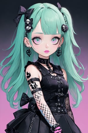 1Girl,cute VTuber girl,a Gothic Emo style fused with pastel punk fashion, She wears dark edgy clothing, with Gothic elements like lace corsets and chains, but in pastel colors like pink, mint green, and lavender. Her hair is a vibrant mix of pastel hues, styled with asymmetrical bangs, adorned with small skulls or bows. Accessories include studded bracelets, chokers, and combat boots, all in pastel shades. Her makeup features dark eyeliner and eyeshadow, contrasted with pastel lipstick,vtuber,dal-1,DonMM1y4XL