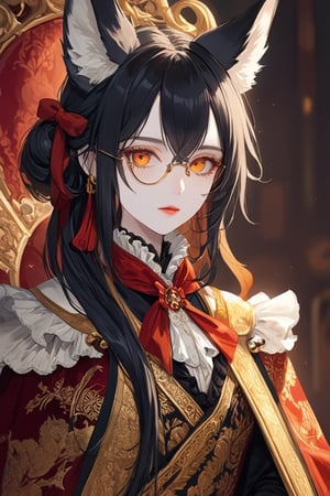 A girl with morbidly pale skin, fox-eared, long black sauvage hair,Hairstyle that shows the forehead,
cold orange eyes,(luxury gold monocle),red lipstick, A frilly ribbon is wrapped around her narrow neck. The girl is wearing a velvet and brocade heraldic surcoat worn by male aristocrats.,Tekeli,black hair,monocle