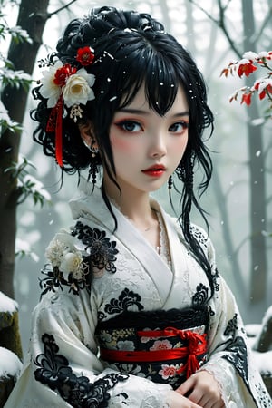 1Girl,The Japanese Gothic fantasy-style, Snow White, combines elements of traditional Japanese clothing with Gothic fashion,Her kimono is predominantly white, adorned with floral patterns and intricate black motifs. Gothic-style lace decorates the cuffs and hem, adding delicate details to the ensemble. Adorning her head is a Japanese-style hair ornament with Snow White's signature red ribbon, complementing her beautiful black hair,dal,white eyes