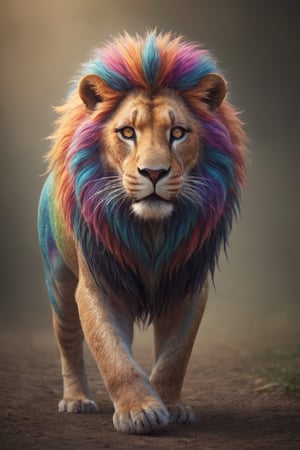 animal,The lion's mane intricately woven with an array of vibrant colors, shimmering in seven hues. Each strand of the mane intricately braided, creating a mesmerizing and majestic display. As the lion prowls, its mane ripples with every movement, casting a kaleidoscope of colors that dazzles and captivates all who behold it.,Rainbow haired girl ,colorful,glitter,Animal Verse Ultrarealistic 