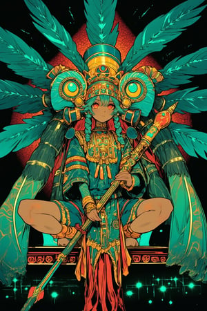 1girl,Hatsune Miku, reimagined in ancient Aztec style. She wears an elaborate headdress adorned with long teal feathers and gold ornaments, resembling a quetzal bird. Her outfit is a mix of traditional Aztec clothing and her signature style: a teal and gold huipil tunic with intricate geometric patterns, layered over a long skirt with Aztec calendar motifs. Gold arm cuffs and anklets with turquoise inlays. Her iconic twin tails are braided with colorful threads and gold beads. She holds a ceremonial staff topped with a digital interface symbol. Miku's face paint mimics Aztec designs in teal and gold. The background features a step pyramid with glowing teal circuit patterns. Surrounding her are stylized Aztec representations of music notes and digital waveforms. The overall color palette is rich with teals, golds, reds, and earth tones. The art style blends traditional Aztec art with modern anime aesthetics.,1girl,Anime Style,niji,lyh,dal