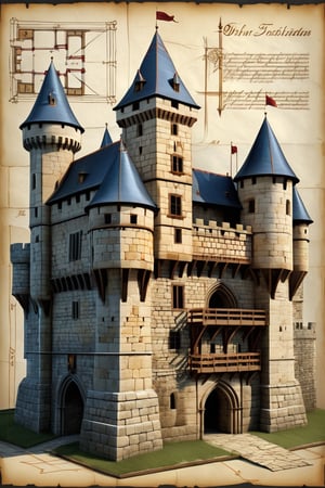  realistic,
A detailed digital manuscript of a medieval castle's architecture, with a focus on its defensive structures, including siege machinery. The castle is formidable with high stone walls, fortified gates, and multiple archer towers. The blueprint showcases cross-sections of the walls revealing their thickness and construction, with battlements for archers. Siege engines like catapults, ballistae, and trebuchets are strategically positioned along the walls. The central keep is robust, with a great hall and a lookout tower. Surrounding the castle is a moat with a drawbridge. Annotations describe the functionality of each defense mechanism, the materials used, and historical context. The image is set against a parchment-style background, with a technical and historical drawing aesthetic, including notes in an old script font. The lighting is from torches and braziers, casting dramatic shadows and emphasizing the strength of the fortifications,bl3uprint