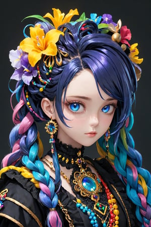 ultra Realistic,1 Girl,Beautiful Blue eyes,Detailed and beautiful iris,
 with crazy alternate hairstyle, amazingly intricately (dreadlocks:1.5
),colorful color hair, each braid painstakingly created,decorated with delicate accessories and beads, hair dark gold and black in color,aesthetic,Rainbow haired girl ,FlowerStyle