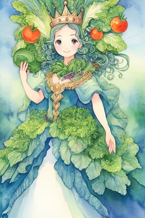 1GIRL,A princess made entirely of vegetables, her gown a vibrant array of lettuce, carrots, and tomatoes. Her hair, a cascade of curly kale, adorned with a crown of radishes and cucumbers. She stands tall and regal, her eyes bright with the colors of her vegetable kingdom. This vegetable princess radiates freshness and health, a whimsical and unique creation of nature's bounty.,watercolor \(medium\)