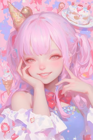 Vibrant colorful anime-style illustration,  cheerful cat girl, long pink hair and cat ears,She's winking playfully, 
round eyebrows,
Wearing a light blue and white outfit with red bow tie,strawberry cake, ice cream cones, and musical notes. Background filled with pastel pink and purple colors. Kawaii style, highly detailed, digital art,Playful and energetic atmosphere. Chibi style elements. Sharp, crisp lines. Bright, saturated colors. 2D art style.,dal style,animaport,lyh,lyh_niji