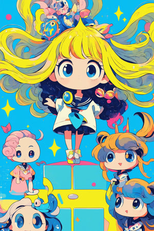 A kitschy and pop-style anime illustration,featuring an extremely deformed,1Girl, glamorous girl in a sailor uniform. The girl has exaggerated, large eyes sparkling with excitement and an over-the-top, cheerful expression. Her sailor uniform is brightly colored with bold, contrasting hues and glittering accents. She has voluminous, flowing hair adorned with cute accessories like bows and stars. The background is vibrant and busy,gloriaexe,txznf