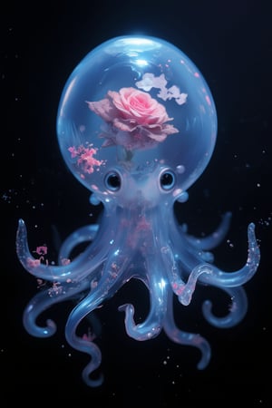 ultra realistic,Close-up photograph of a small translucent octopus floating in dark water,Body is pale blue and semi-transparent,
 A faint pink rose can be seen inside the transparent body,
allowing internal organs to be partially visible. Large bulbous head with a spotted, reddish-brown mantle visible inside. Two large, round eyes with dark pupils, giving a curious expression. Eight tentacles spread out beneath the body, each arm thin and delicate with a slight curl at the ends. Tentacles have a series of small, round suckers visible along their length,The octopus is holding a rose flower with its tentacles,Skin has a gelatinous, glass-like quality with a slight iridescent sheen. Fine details such as chromatophores and small bumps visible on the skin's surface. Creature is suspended in deep, inky-black water, creating high contrast with its luminous body. Tiny particles and bubbles float around the octopus, suggesting movement in the water. Lighting appears to come from above, highlighting the translucent quality of the octopus and creating subtle shadows. Overall atmosphere is mysterious and ethereal, capturing the wonder of deep-sea life. Image style is high-definition underwater photography with sharp focus on the subject.,#jelly